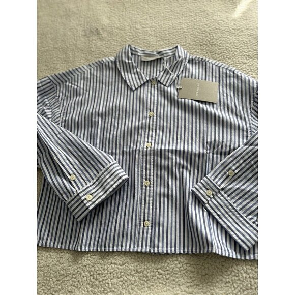 Everlane Long Sleeve Cotton Poplin Crop PJ Top blouse Blue Stripes - Picture 5 of 12